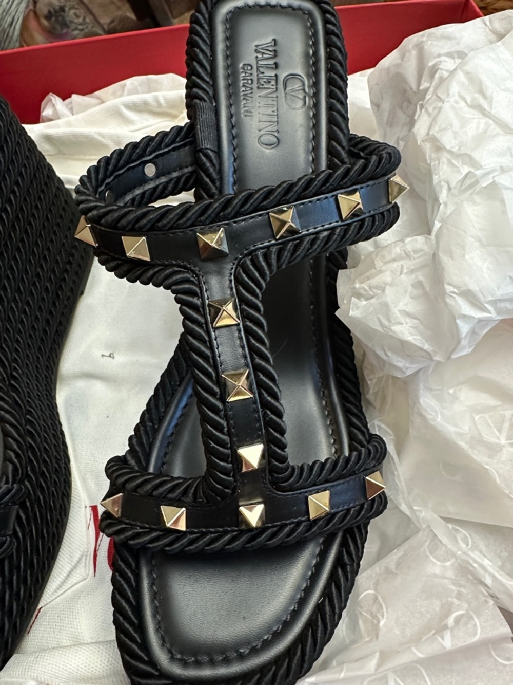 Valentino Garavani Black Rope Stud Sandals with Gold Studs - Picture 4 of 5